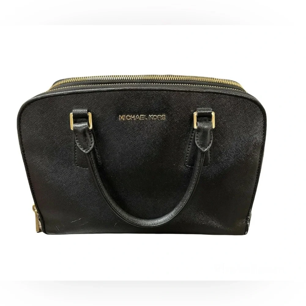 Michael Kors Reese Black Patent Leather Saffiano Satchel Bag Purse 30T4GEES3A‎